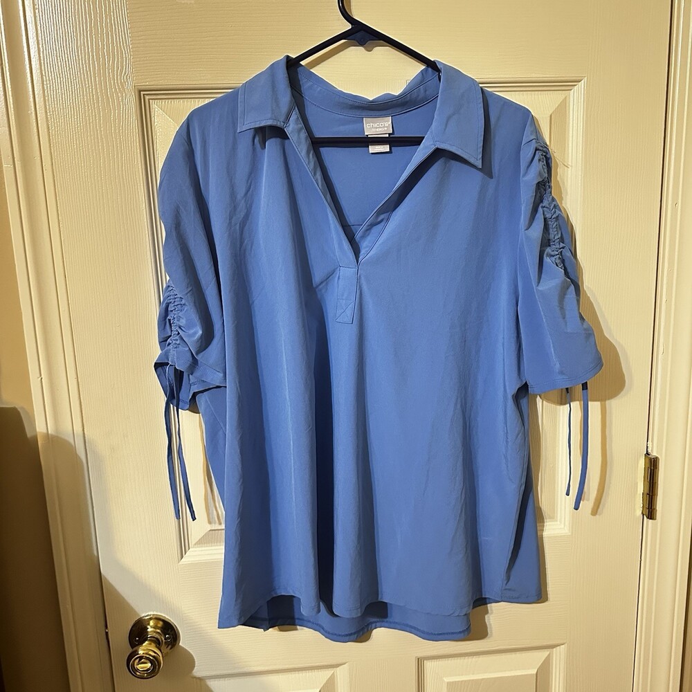 Chico's Women's Solid Blue Collar V Neck Blouse with Tie Sleeves Size 3